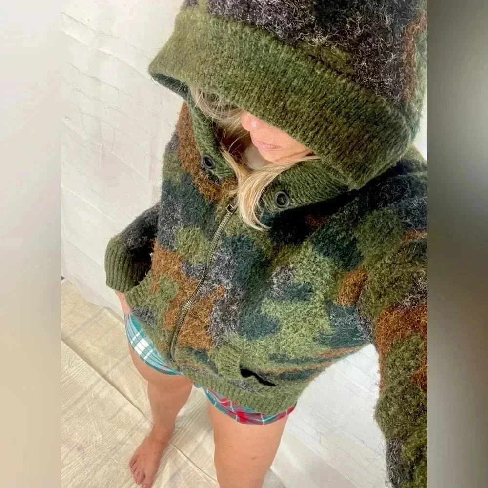 RD style sweater Green KNIT eyelash Full Zip Hooded Sweater Woman’s Size XS‎
